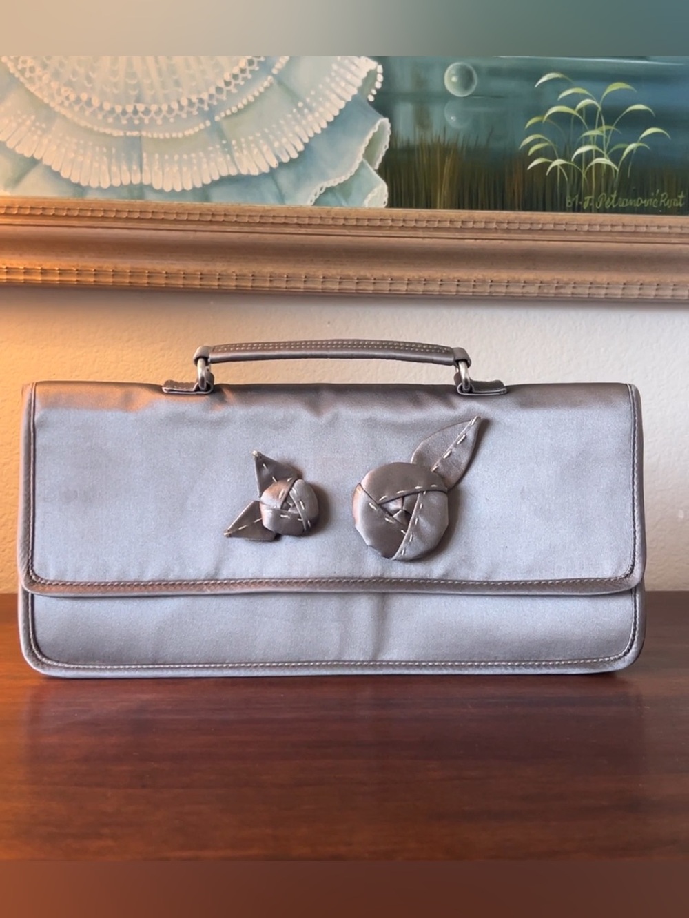 Vintage Prada Raso Satin Rosette Top Handle Evening Bag 1990s Y2K